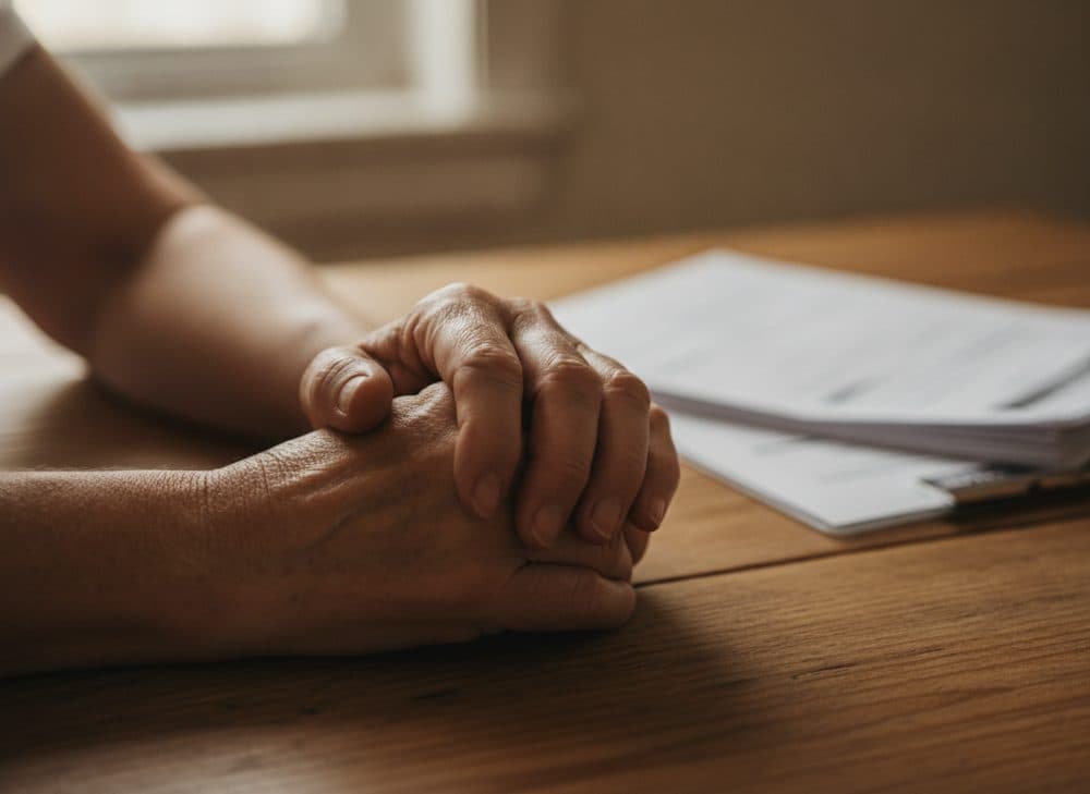 An older person's hands held by a younger family member across a table with paperwork